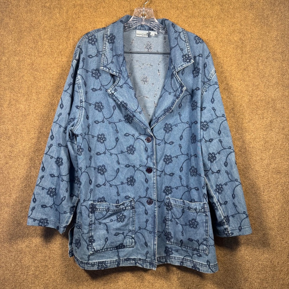 Vintage Newport News Embroidered Denim Chore Jacket Womens Size 14 XL Floral